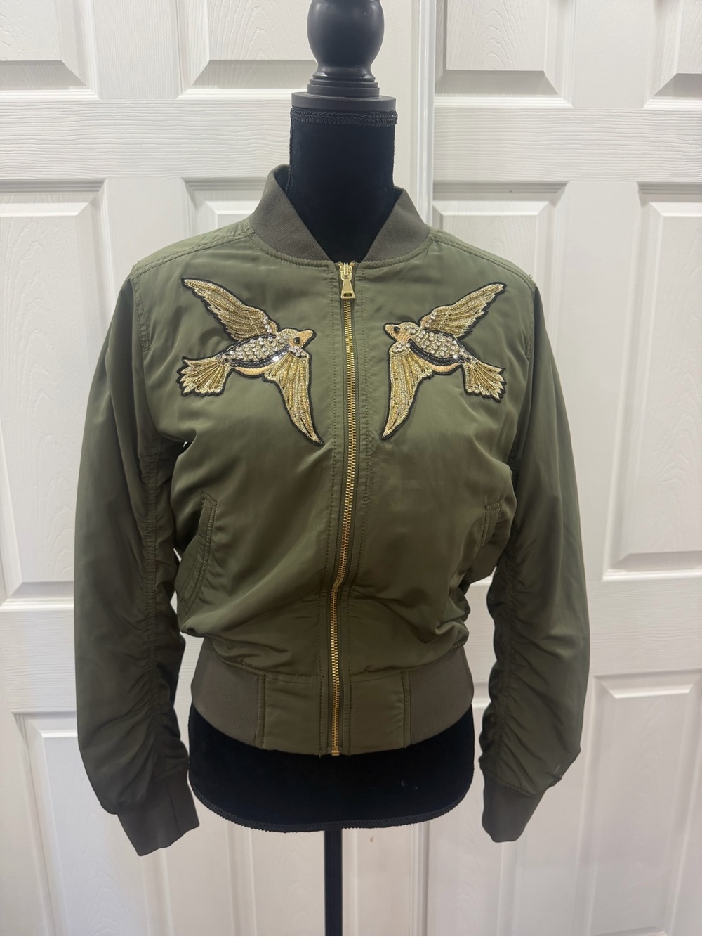 Express Olive Green Bomber Jacket with Gold Bird Appliqués